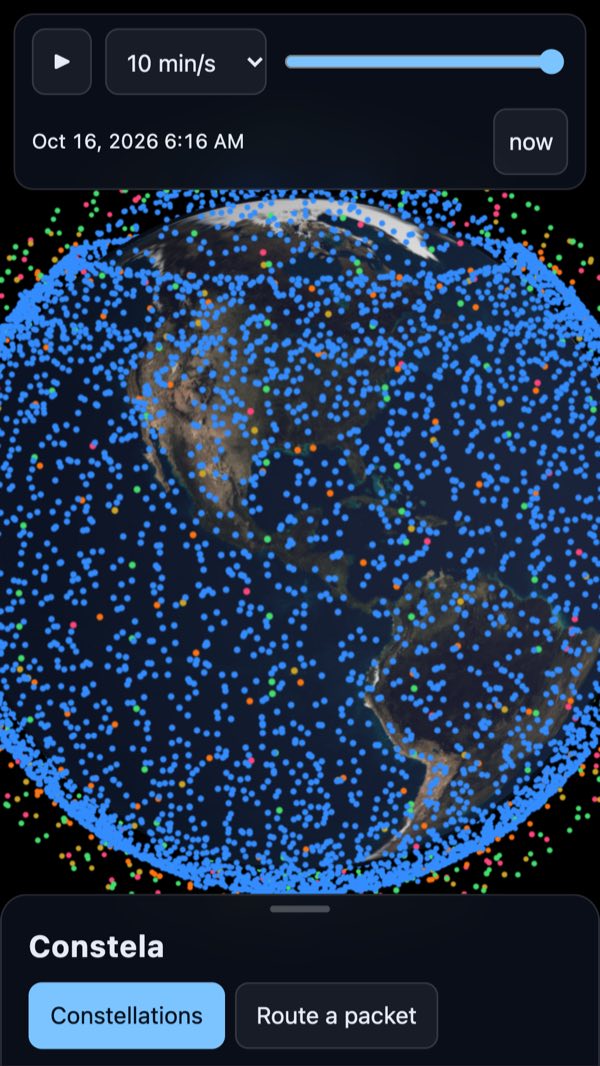 El globo rodeado de satélites Starlink en azul, con la línea de tiempo encima